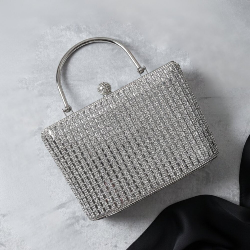 PREZZO Sparkling Rhinestone Satchel with Silver Top Handle and Crossbody Clutch